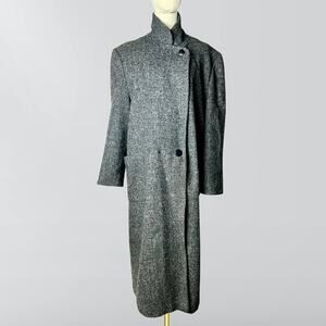 Vintage Grey & Black Wool Tweed Long Trench Style Oversized Coat